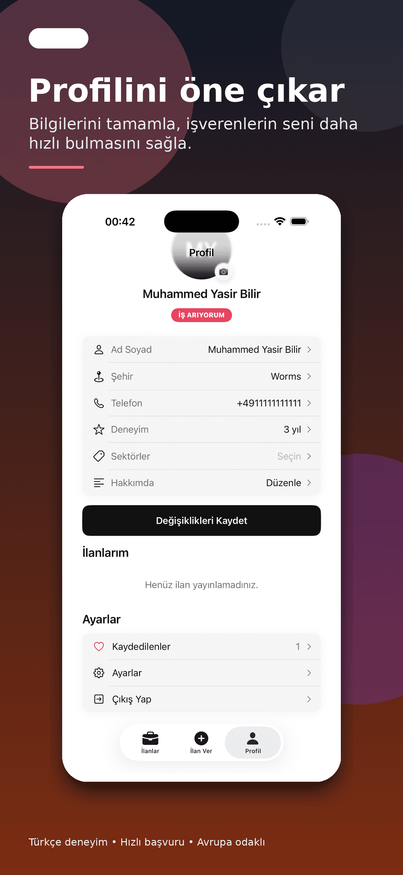 GurJob profil ekranı