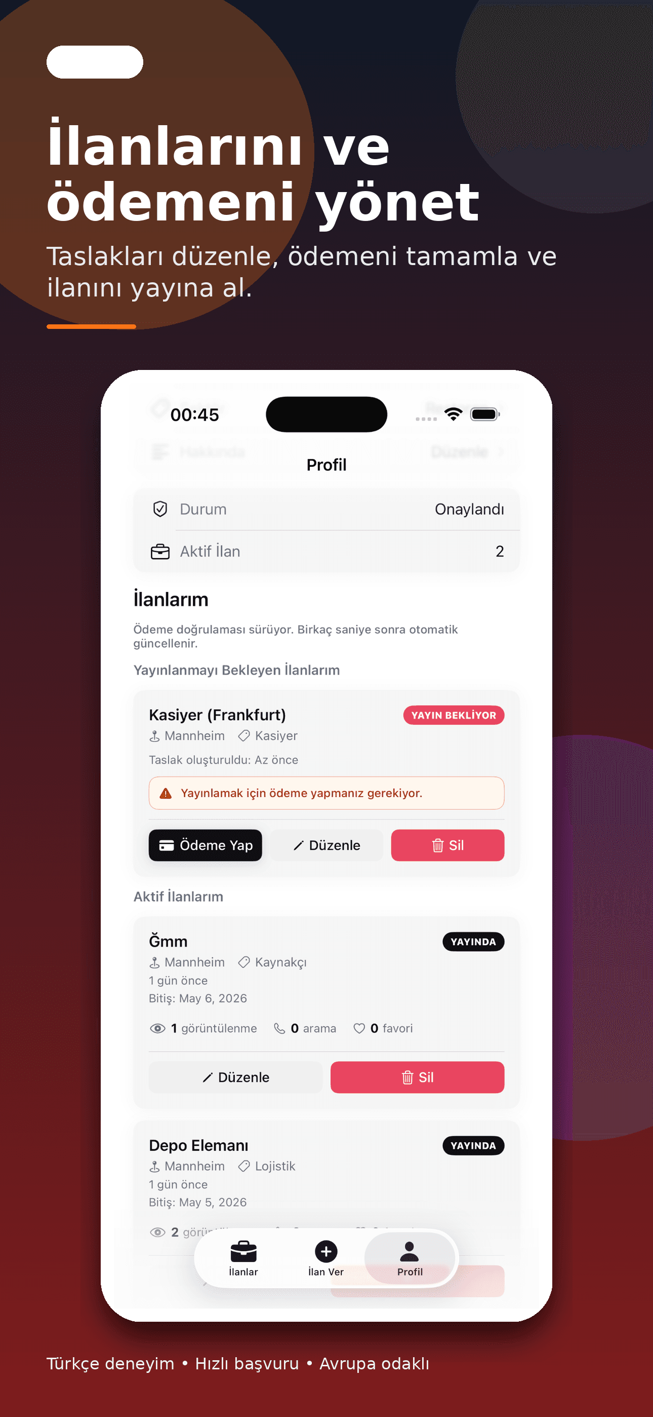 GurJob ilan ve başvuru yönetimi ekranı